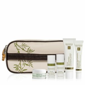 A white cosmetic bag with the Eminence Organics Age Corrective Starter Set.