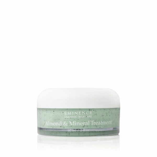 A jar of Eminence Organics Almond & Mineral Treatment on a white background.