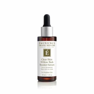 A bottle of Eminence Organics Clear Skin Willow Bark Booster-Serum on a white background.