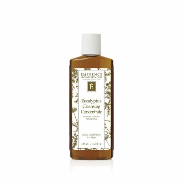 A bottle of Eminence Organics Eucalyptus Cleansing Concentrate on a white background.