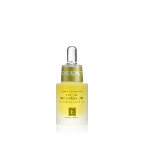 A bottle of Eminence Organics Facial Recovery Oil on a white background.