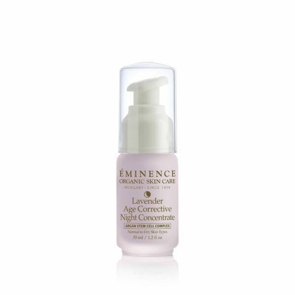 A bottle of Eminence Organics Lavender Age Corrective Night Concentrate on a white background.