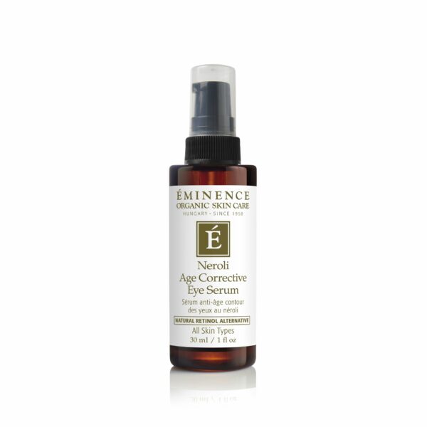 A bottle of Eminence Organics Neroli Age Corrective Eye Serum on a white background.