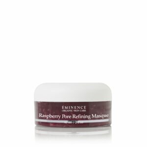 A jar of Eminence Organics Raspberry Pore Refining Masque on a white background.