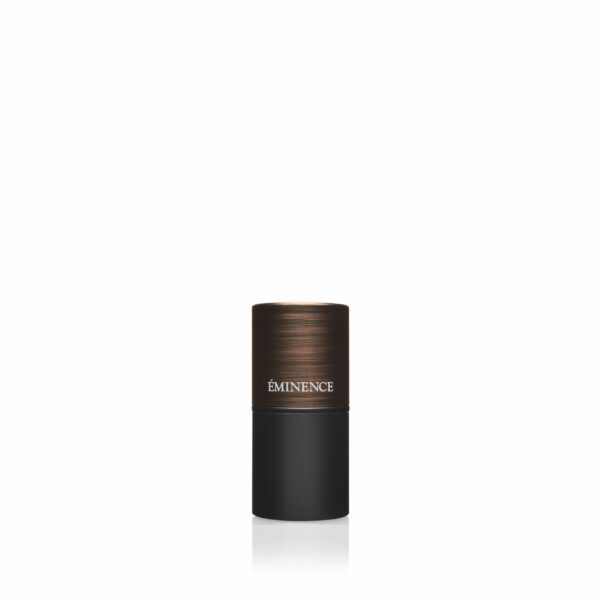 A black and brown Eminence Organics Rosehip & Lemongrass Lip Balm SPF 15 on a white background.