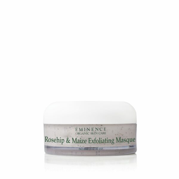 A jar of Eminence Organics Rosehip & Maize Exfoliating Masque on a white background.