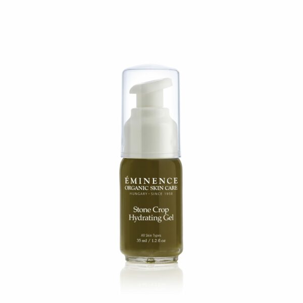 A bottle of Eminence Organics Stone Crop Hydrating Gel on a white background.