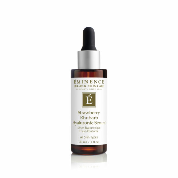 A bottle of Eminence Organics Strawberry Rhubarb Hyaluronic Serum on a white background.