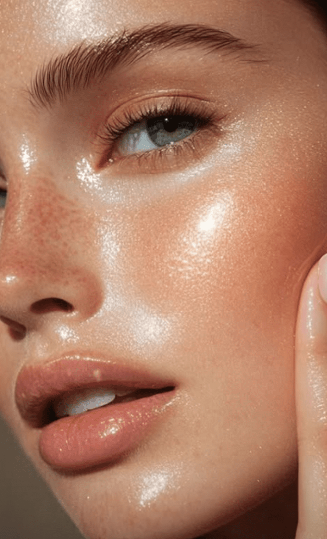 A close up of a woman 's face with shiny skin.